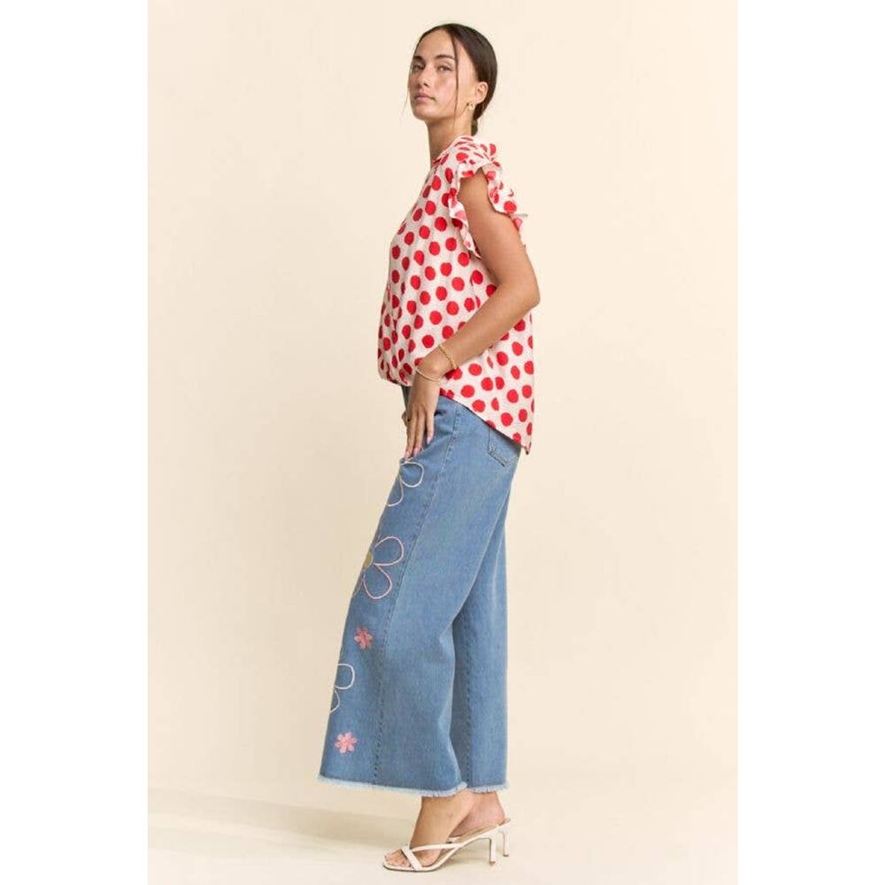 NWT Flower Embroidered Cropped Wide-Leg Denim Pant: Denim Blue / M - Picture 9 of 10
